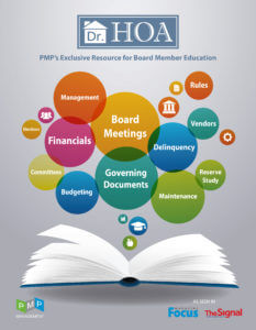 DR HOA logo with an open book featuring various HOA-related topics, providing board member education on governance, financials, and community management.